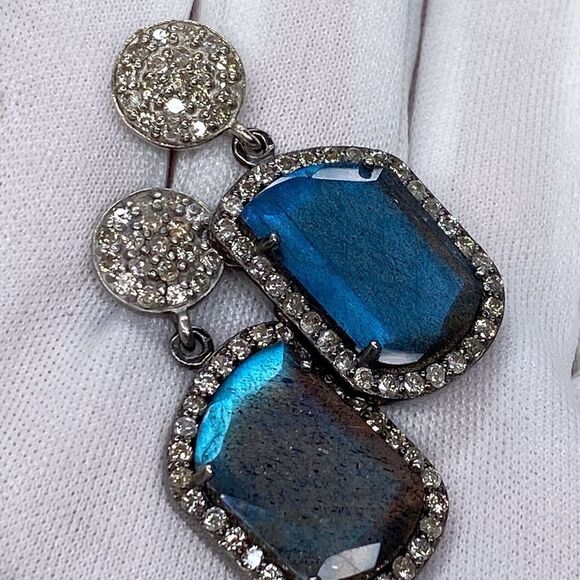 Adornia Fine Black Rhodium Sterling Silver Labradorite Diamond Drop Earrings - Picture 12 of 15